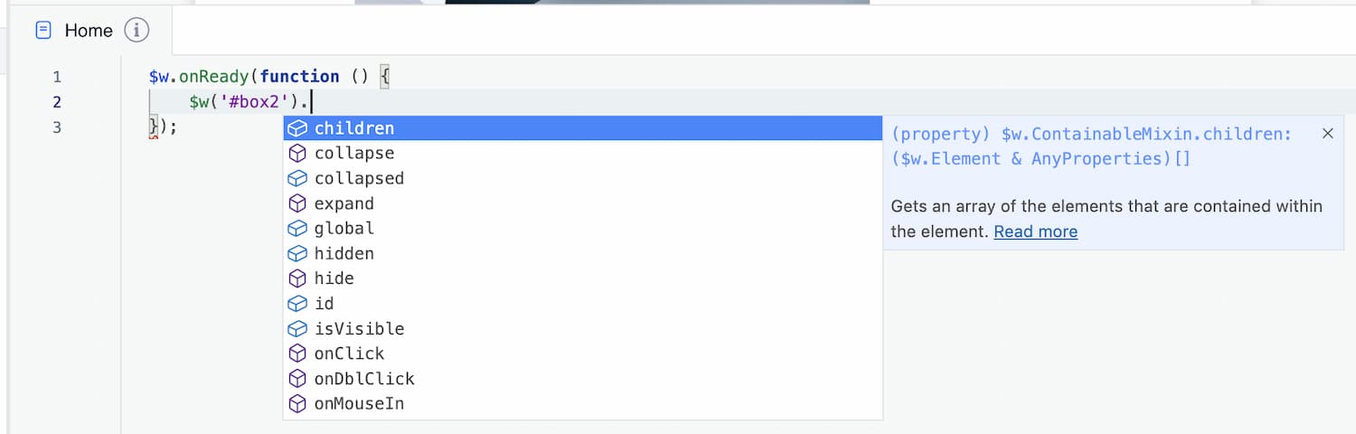 code completion in velo editor